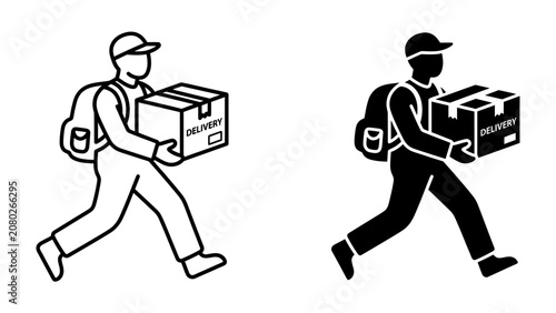 Konstfotografi Delivery Icon: A courier carrying a package, depicted in both line art and silhouette, symbolizing swift and reliable delivery services