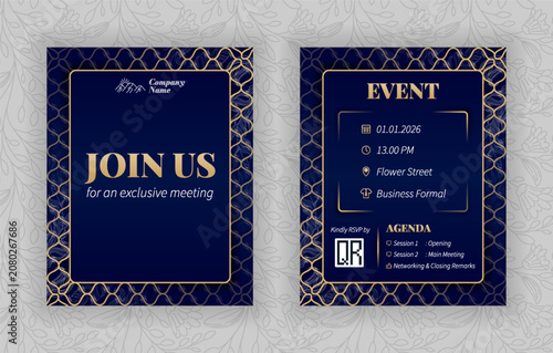 Luxury corporate event invitation template, navy blue and champagne gold vector design with join us lettering for company anniversary and gala dinner
