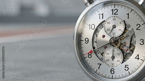 Silver mechanical stopwatch showing intricate gears and dial details