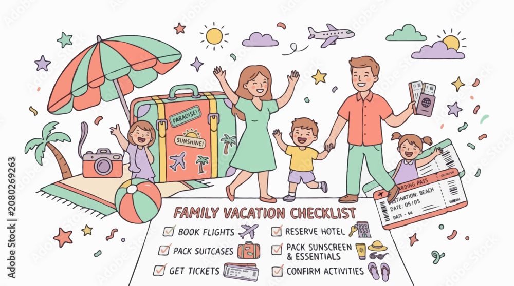 Fototapeta premium Colorful Family Vacation Planning Hand Drawn Doodle Vector Illustration