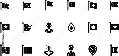 Set of diverse flat icons including flags, people, and symbols Vector