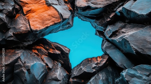 Natural stone rock formation framing bright clear blue sky view view of vibrant blue sky through a jagged natural rocky stone arch formation