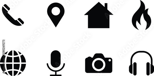 Collection of modern black and white icons for communication navigation and media