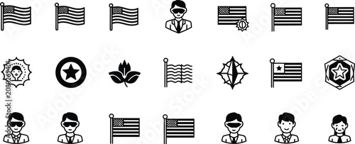 Set of diverse icons featuring american flags, police, military, and nature symbols Vector