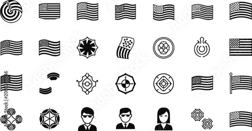 Set of diverse symbols and american flag icons Vector