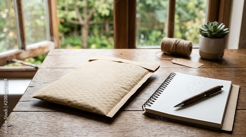 Brown bubble mailer with notebook and pen on rustic wooden table