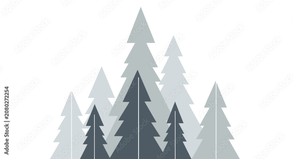 Obraz premium A minimalist graphic illustration of a cluster of stylized evergreen trees in various shades of grey and white against a clean white background.