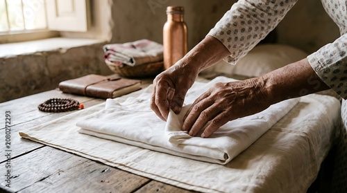 Senior hands folding white cotton garment on rustic table