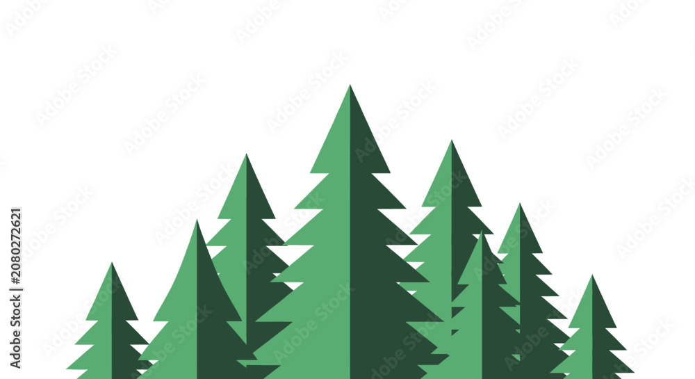 Obraz premium A minimalist illustration of a group of green pine trees against a white background, depicting a simple forest scene.