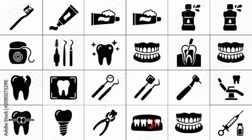 Obraz na płótnie Dental and Oral Hygiene Icons Set: Tools, Treatments, and Health Concepts