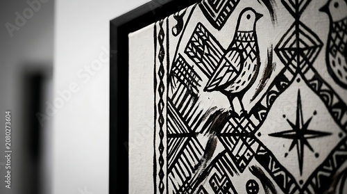 Monochromatic folk art bird painting with geometric patterns