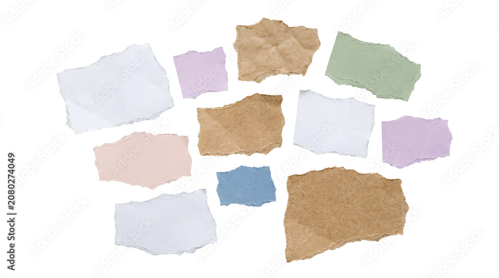 Fototapeta premium Collection of various torn paper scraps with distressed edges, including kraft and colored paper.