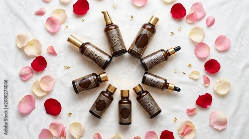 Essential oil bottles with gold patterns and rose petals on linen