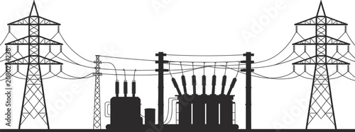 Electrical substation with power lines and transmission towers silhouette electricity energy
