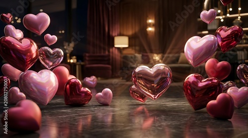 Floating red and pink heart balloons in a luxury room
