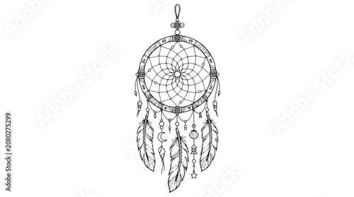 Bild auf Leinwand Bohemian dreamcatcher vector illustration, mystical ethnic dream catcher with fe