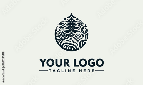 Winter Nature Tree and Snowflake Circular Emblem Vector Logo Illustration