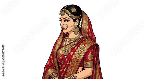 Indian bride woman in traditional red and gold wedding dress isolated on transparent background Indian folk art illustration design for festive celebration