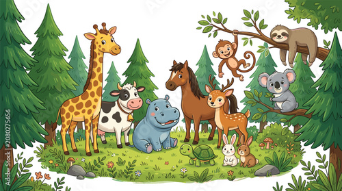 Canvas Print Cute Cartoon Forest Animals Vector Background with Giraffe Cow Hippo Horse Deer