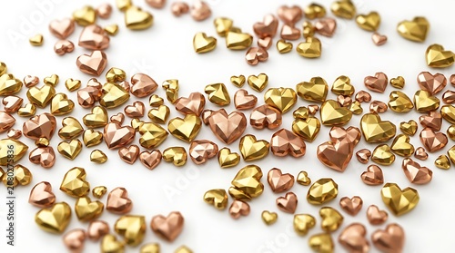 Scattered geometric gold and rose gold hearts on white background