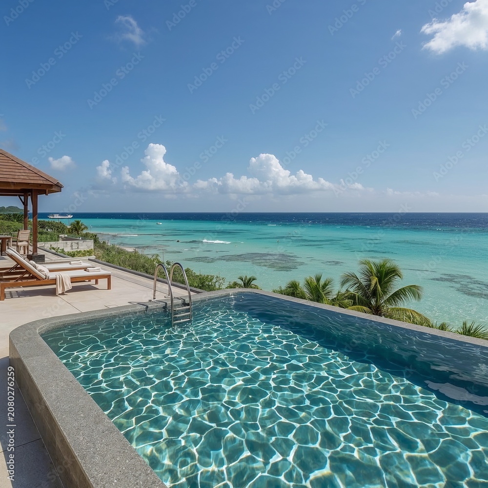 Fototapeta premium Luxury infinity pool overlooking a turquoise tropical ocean, with palm trees and bright blue skies creating an idyllic premium vacation setting.