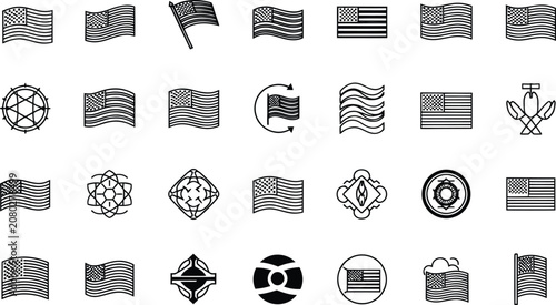 Collection of waving american flag icons and symbols Vector