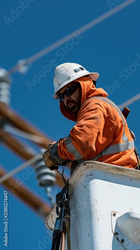 Un électricien en tenue orange travaille en hauteur sur un pylône