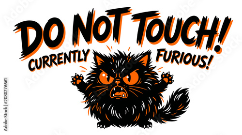 Foto Furious Black Cat with Do Not Touch! Warning Sign