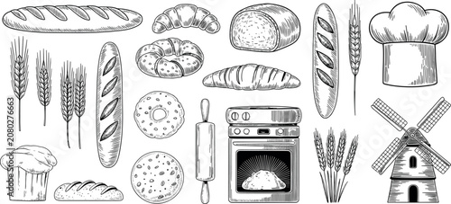 Obraz na płótnie Collection of hand-drawn bakery illustrations featuring bread, croissant, wheat, chef hat, rolling pin, oven, and windmill for food design
