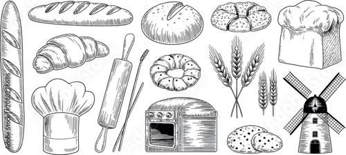Fotografía Collection of hand-drawn bakery illustrations featuring bread, croissant, wheat, chef hat, rolling pin, oven, and windmill for food design