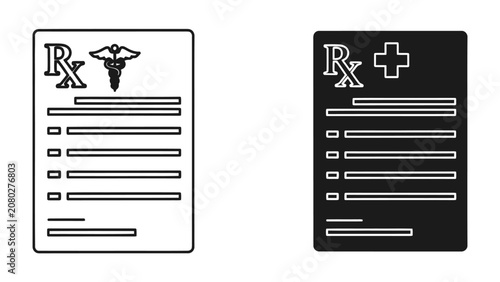 Quadro su tela Prescription Document: A black and white graphic representation of a prescription form, highlighting medical symbols like Rx and Caduceus, symbolizing healthcare and medicine
