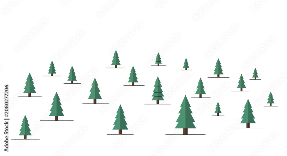Obraz premium A minimalist graphic illustration depicting a scattered group of green evergreen trees on a clean white background, evoking a winter forest scene.
