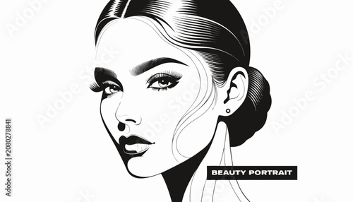 Tableau sur toile Very beautiful close-up black and white realistic vector of an elegant woman wit