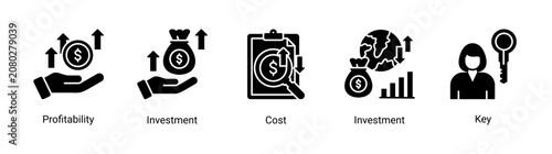 Fotografia Investment Analysis icon set featuring profitability assessment,cost evaluation,investment planning,and financial performance concepts
