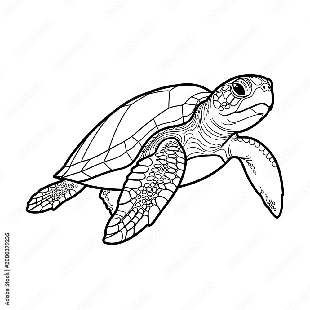 Fototapeta premium Black and White Line Drawing Sea Turtle Swimming Side View