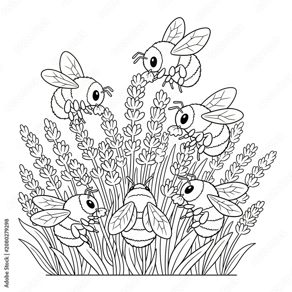 Fototapeta premium Cartoon Bees Collecting Nectar From Flowers in Black and White Line Art Style