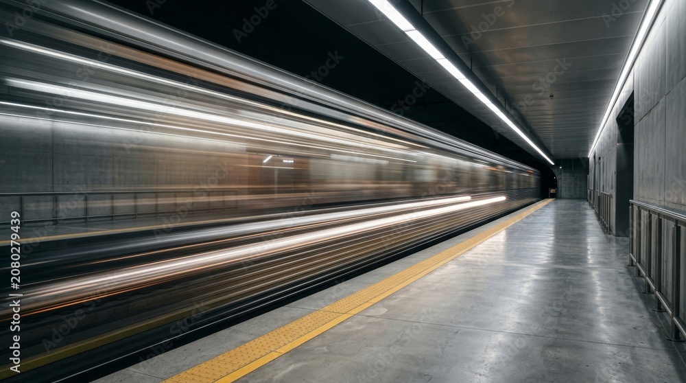 Fototapeta premium Long exposure shot capturing motion of a train speeding through a modern subway station.