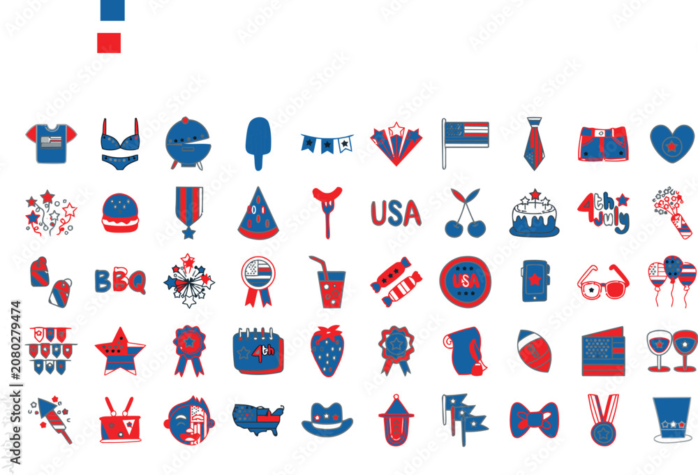 Fototapeta premium Collection of colorful hand-drawn icons and symbols on white background minimalist design