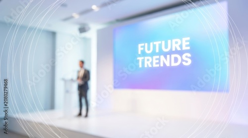 A blurred speaker at a conference with 'Future Trends' on the screen suggesting innovation.