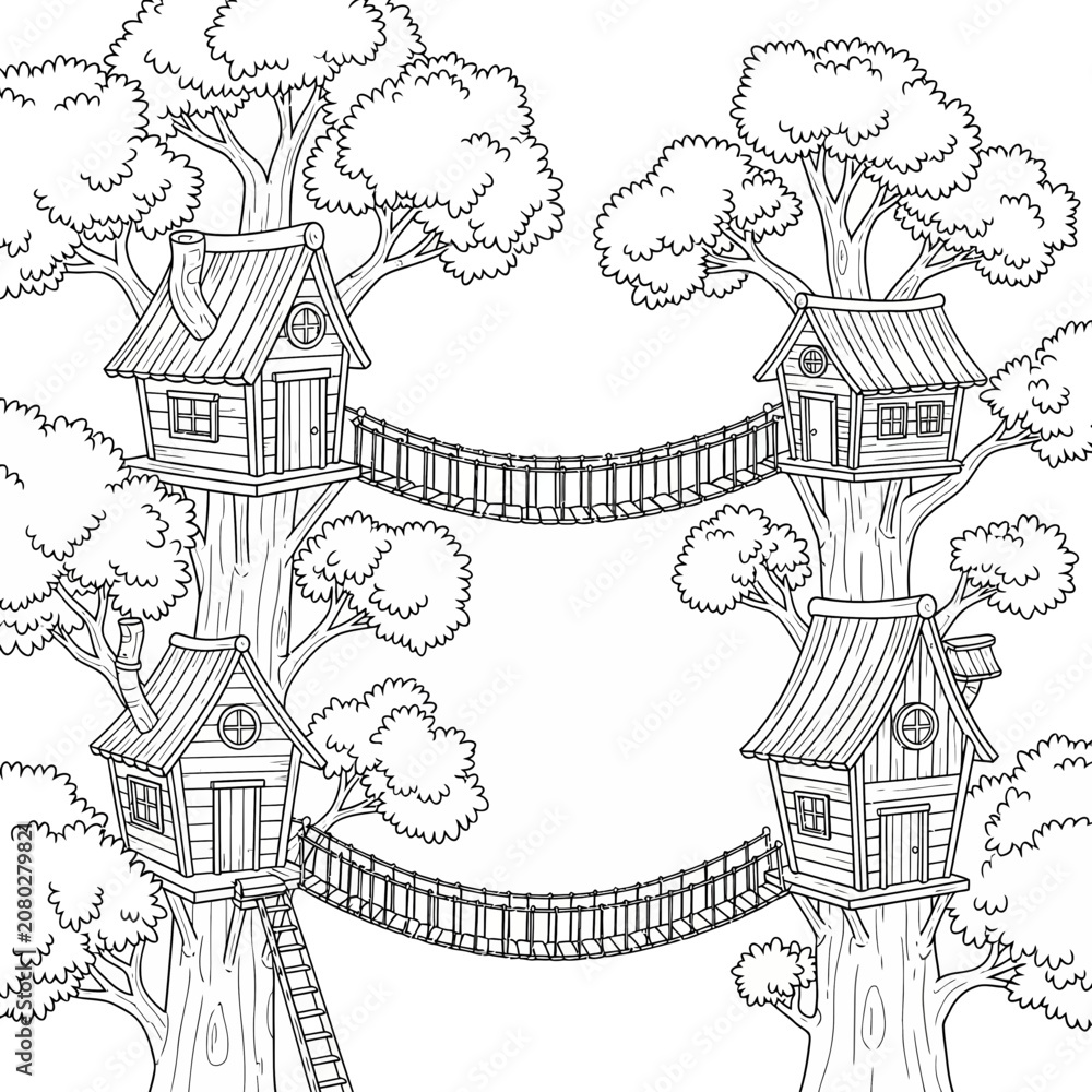 Fototapeta premium Treehouse Village With Bridges Connecting Rooftops Amongst Leafy Trees