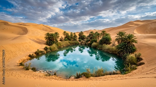 Beautiful Hidden Desert Oasis With Palm Trees and Reflection Water