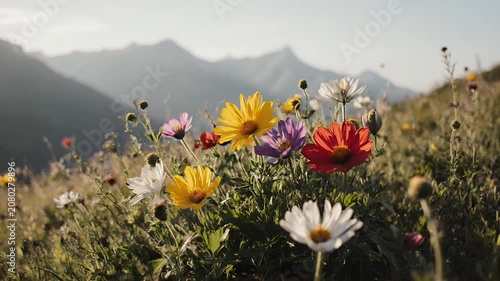 Wildflower Meadow in Mountain Landscape at Golden Hour