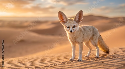 Close Up Portrait of Desert Fox Standing Among Golden Sand Dunes