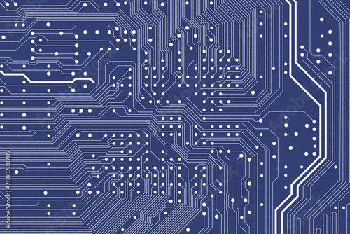 Flat offset retro-style microelectronics circuit board illustration. The abstract old print texture of modern digital technology, computer, motherboard, or high-tech technology 