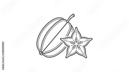 Bild auf Leinwand Dynamic Black and White Line Drawing of Star Fruit and Banana with Floral Accent