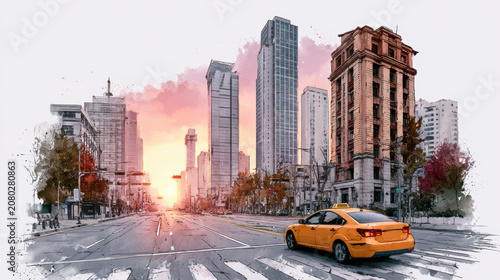 Sunset cityscape with yellow taxi driving on empty street surrounded by tall buildings and autumn trees in urban setting