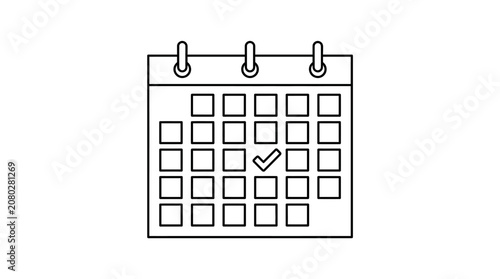Minimalist line art calendar icon with marked date, simple black and white design, isolated on white background, symbolizing organization and planning