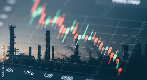 Oil industry stock market trading chart with declining trends overlayed on industrial refinery silhouette at dusk