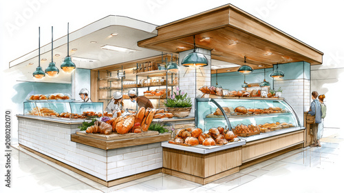 Bakery shop interior with fresh bread and pastries displayed in glass cases, warm lighting, and staff preparing orders in modern setting