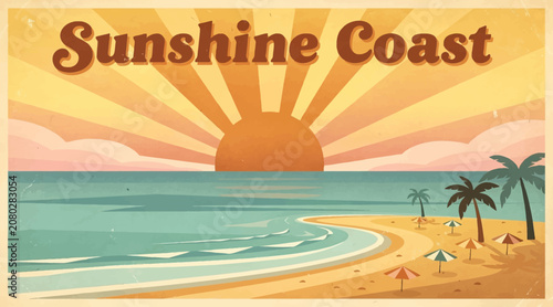 Sunshine Coast Retro Beach Scene with Palm Trees and Umbrellas